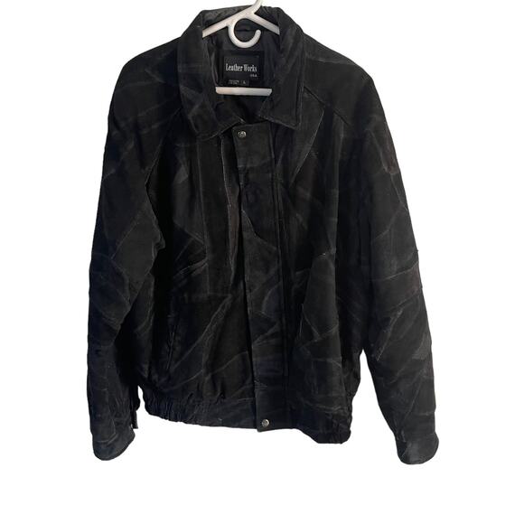 Leather Works USA Large Vintage 80s Black Leather Patchwork Bomber Jacket Grunge - Picture 1 of 11
